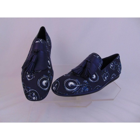 NIB SALVATORE FERRAGAMO FINNEGAN BLUE MOTORCYCLE PRINT FABRIC TASSEL LOAFERS 9.5 main image 7